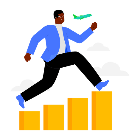 A person in blue climbing up yellow steps/blocks