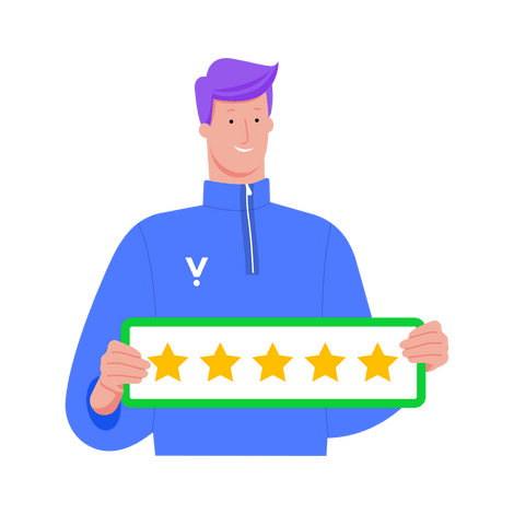 An illustration of a person with purple hair wearing a blue shirt with “V” logo, holding a rating display showing five gold stars