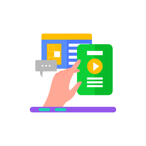 A colorful app/platform interface with a finger touching it