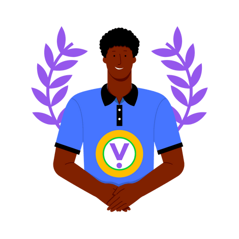 Purple laurel wreath surrounding a person in blue shirt with Valar logo