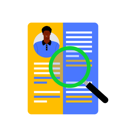 Illustration of a professional resume or profile with a magnifying glass, representing talent recruitment and screening of Valar's global student network
