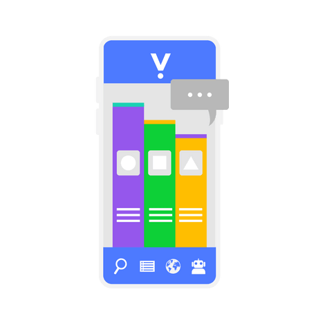 Smartphone/tablet interface with colorful app layout and “V” logo