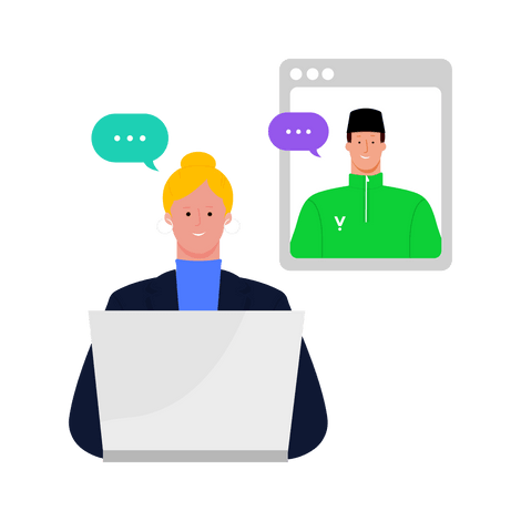 Illustration of a video conference interaction showing two people engaged in a leadership training session, with one participant having a chat bubble indicating active discussion