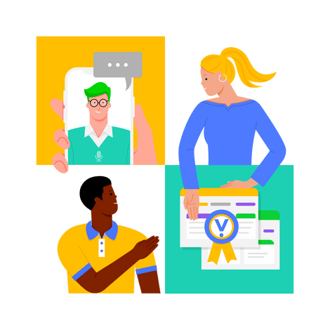 Illustration of three diverse individuals collaborating in a digital learning environment. Two figures appear in video chat windows while another works with Valar-branded educational content, representing the school's accessible and connected online learning community.