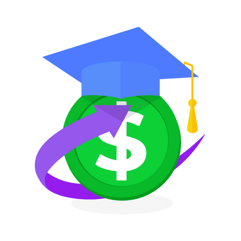 Graduation cap sitting on a green money symbol with a gold tassel, illustrating the financial benefits and scholarship opportunities for employer partners