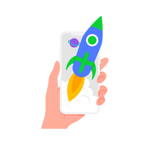 Colorful illustration of a rocket launching upward with vibrant orange and blue elements, symbolizing Valar's ambitious vision and upward trajectory in transforming business education.