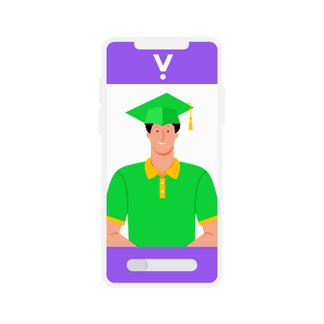 A stylized illustration of a graduate wearing a green cap and gown, shown in profile view within a purple folder icon with the Valar logo, representing modern accredited degrees